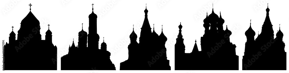 Cathedrals or churches of Moscow in Russia, set of silhouettes. Vector illustration