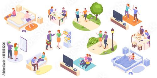 Couple daily life, man and woman together, vector isometric home routine and everyday leisure activity. Couple daily life breakfast eating, watching TV and jogging sport in park, cooking and shopping