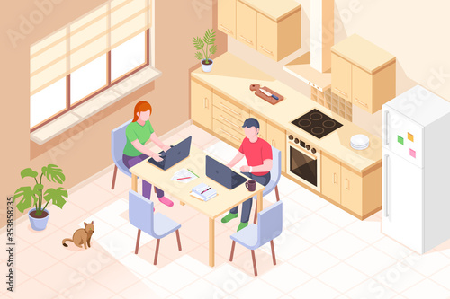 Working at home, freelancer online office, couple man and woman with laptops in kitchen, vector isometric illustration. Online home work, remote employee business, freelance job and education concept