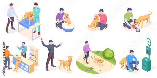 Pet dog care, daily owner life, vector isolated isometric icons. Dog pet and owner daily activity, veterinarian checkup, walking in park and picking pet poop, training with toy ball and grooming © Sensvector