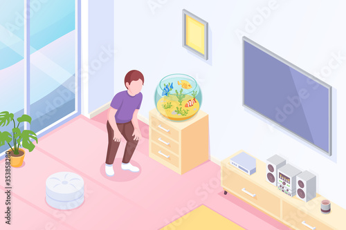 Pets, aquarium fish owner at home, vector isometric illustration. Boy or girl looking at round aquarium on table stand with exotic tropical fishes pets, modern house interior background