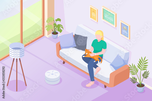 Cat pet and owner on sofa at home, vector isometric illustration. Woman or girl sitting on sofa with cat or kitten on knees, caress and cuddle, domestic pets in house, modern interior background