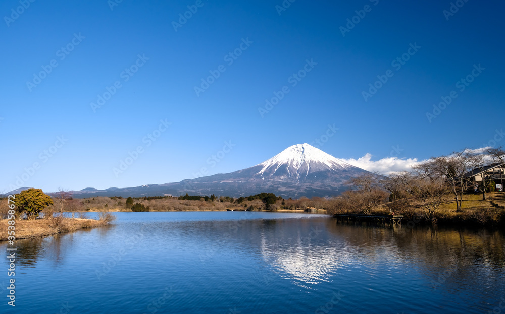 View of Mount Fuji across Lake Tanuki, which is a popular camping site in Shizuoka, Japan