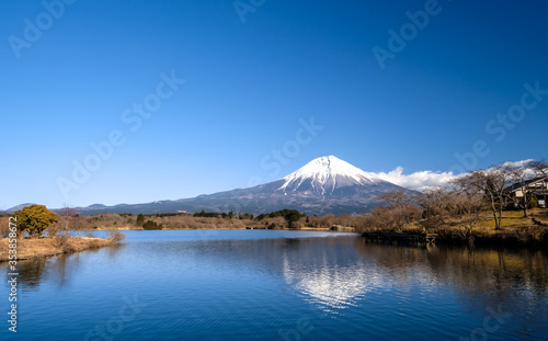 View of Mount Fuji across Lake Tanuki  which is a popular camping site in Shizuoka  Japan