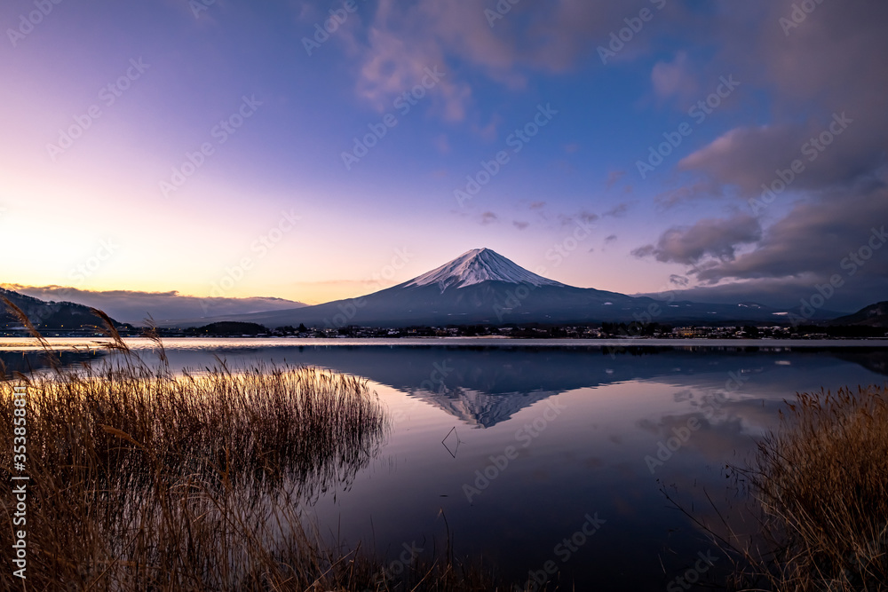 Mount Fuji with reflection on Lake Kawaguchiko during twilight