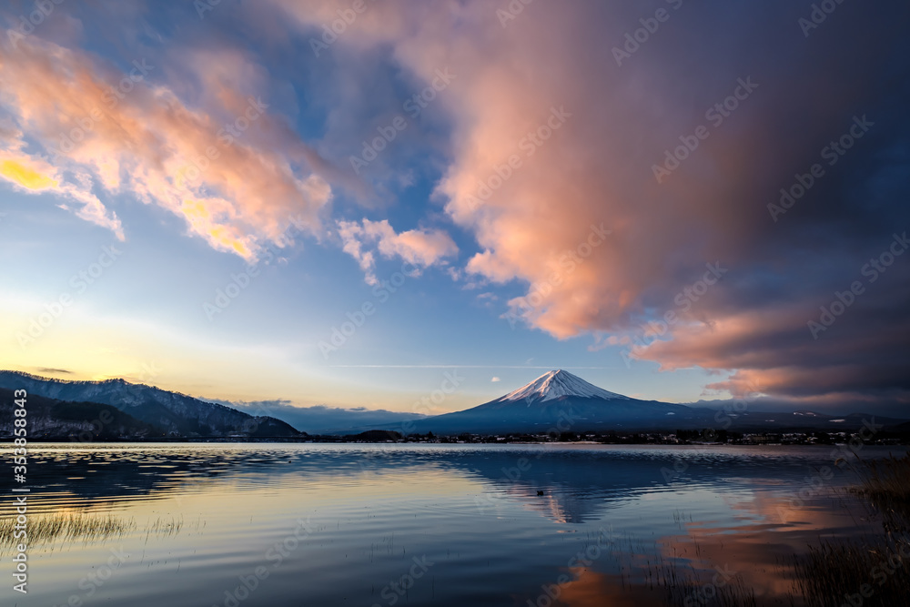Mount Fuji with reflection on Lake Kawaguchiko after sunrise