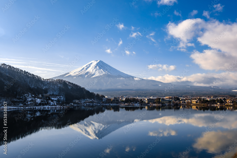 Mount Fuji with mirror reflection on Lake Kawaguchiko in a clear day