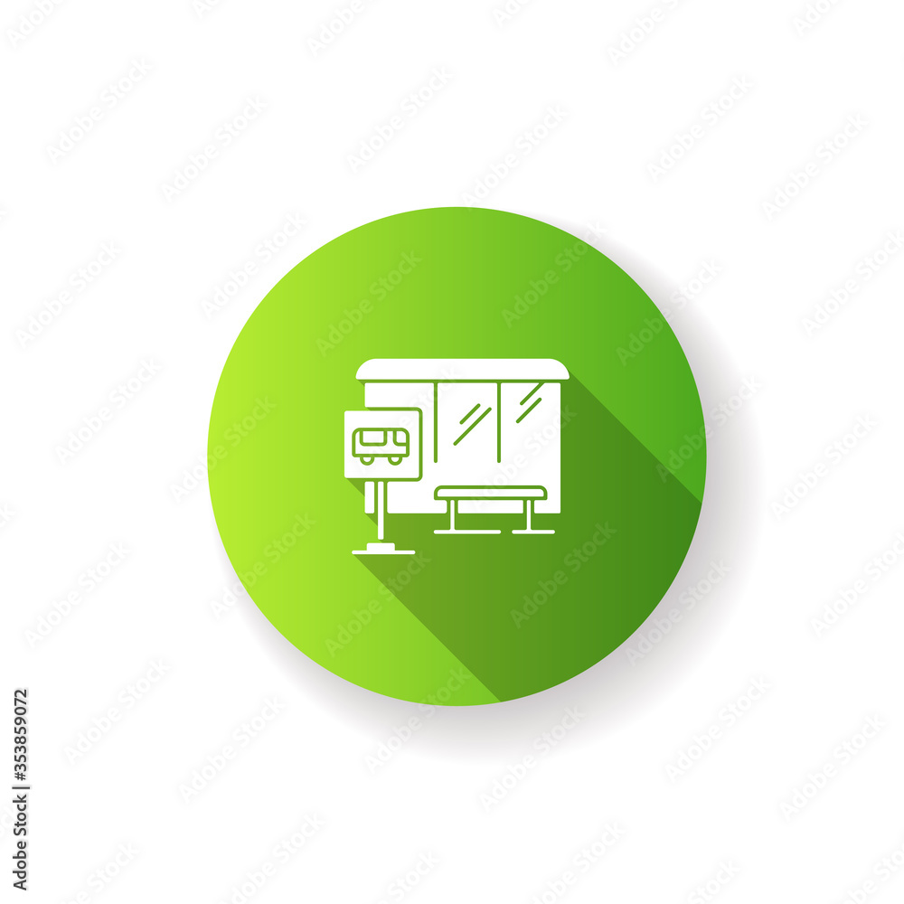 Bus stop green flat design long shadow glyph icon. Wait for public transport. Urban commuter transit. City infrastructure. Road sign near sidewalk. Silhouette RGB color illustration Bus stop green flat design long shadow glyph icon. Wait for public transport. Urban commuter transit. City infrastructure. Road sign near sidewalk. Silhouette RGB color illustration