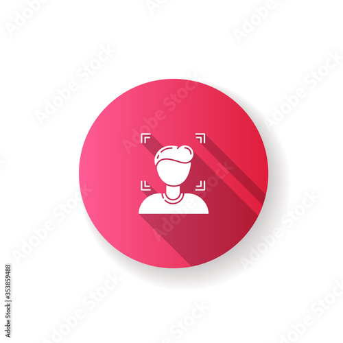 Facial recognition pink flat design long shadow glyph icon. Security identification to protect privacy. Biometric unlocking. Human face recognition. Silhouette RGB color illustration