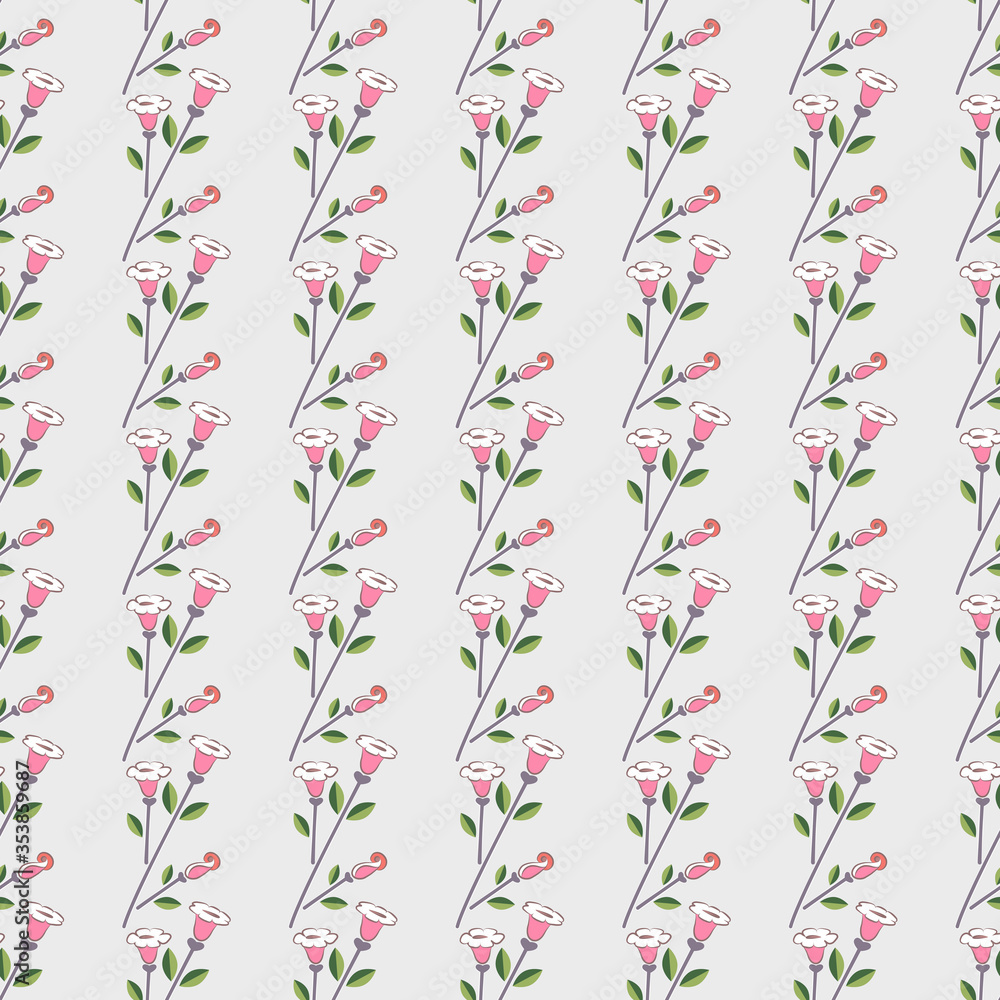 Seamless floral pattern of vertical borders, light gray background. Print of pink with white flowers and buds, green leaves. For the manufacture of modern, beautiful and quality products. Seamless floral pattern of vertical borders, light gray background. Print of pink with white flowers and buds, green leaves. For the manufacture of modern, beautiful and quality products.