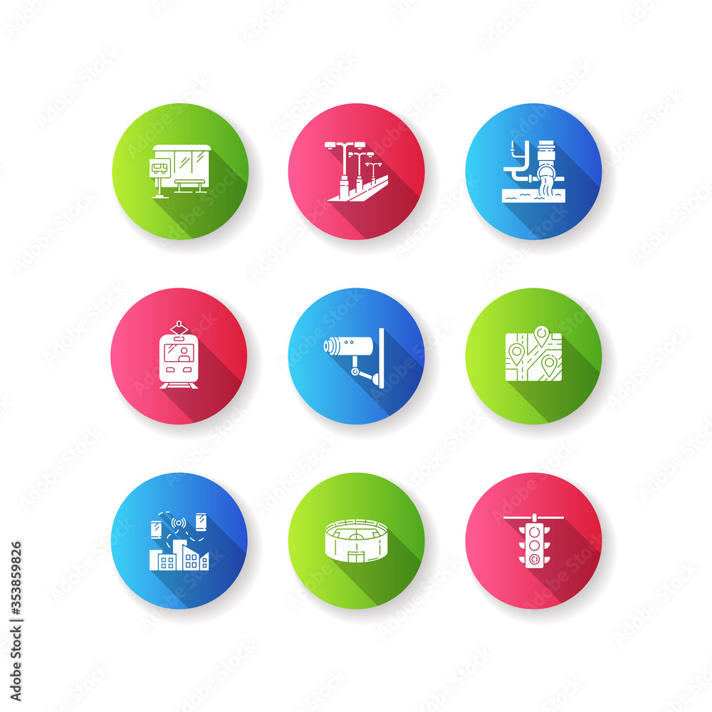 Public service regulation flat design long shadow glyph icons set. Traffic control. Road light. Video surveillance. Sport stadium. Passenger platform. Silhouette RGB color illustration Public service regulation flat design long shadow glyph icons set. Traffic control. Road light. Video surveillance. Sport stadium. Passenger platform. Silhouette RGB color illustration