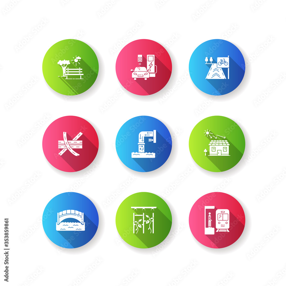 Urban structure flat design long shadow glyph icons set. Road junction. Charge station for transport. Open space. Bus stop for passenger. Drainage pipe. Silhouette RGB color illustration Urban structure flat design long shadow glyph icons set. Road junction. Charge station for transport. Open space. Bus stop for passenger. Drainage pipe. Silhouette RGB color illustration