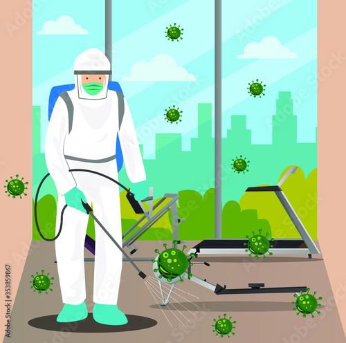 Vector illustration of a coronary injection (Covid-19) personnel sterilizing spray
in the fitness room.