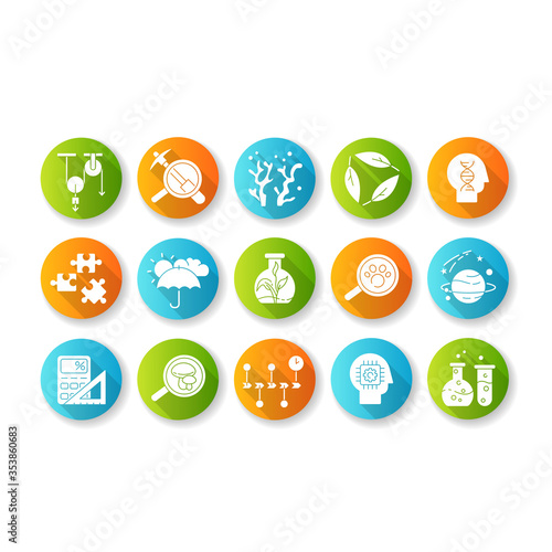 Formal and pure science flat design long shadow glyph icons set. Different scientific disciplines and fields of study. Traditional branches of science. Silhouette RGB color illustration