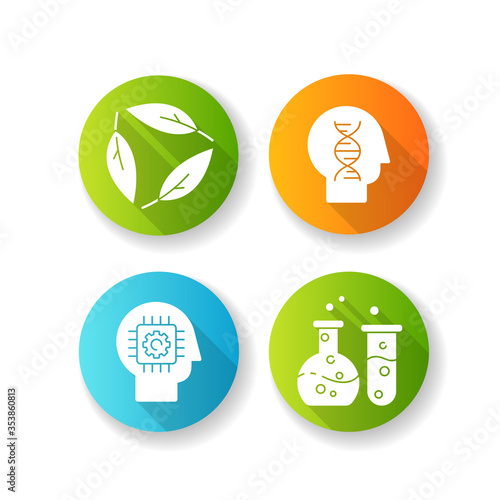 Modern sciences flat design long shadow glyph icons set. Formal and natural scientific disciplines. Human biology, ecology, cybernetics and chemistry. Silhouette RGB color illustration