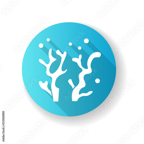 Oceanology blue flat design long shadow glyph icon. Natural science discipline, sea life researching. Aquatic environment, ocean flora and fauna study. Coral silhouette RGB color illustration