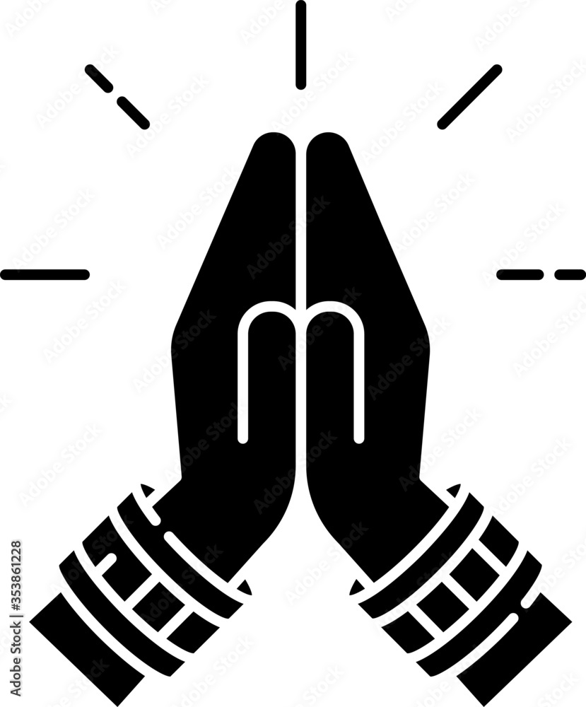 Namaste black glyph icon. Hindu greeting. Hands pressed together ...