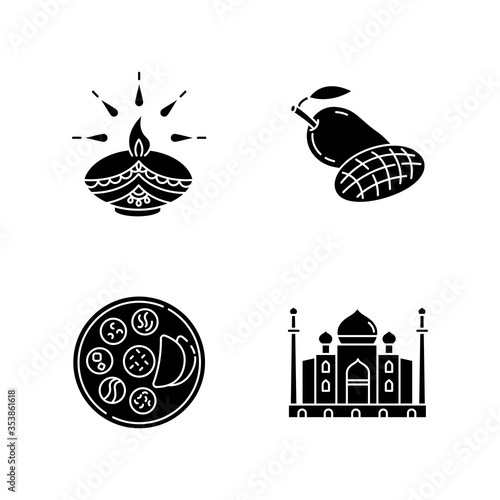 Indian culture black glyph icons set on white space. Traditional diya. Diwali festival. Mango fruit. Tropical food. Thali. Chapati bread. Taj Mahal. Silhouette symbols. Vector isolated illustration