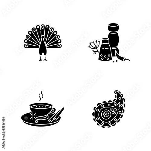 Indian culture black glyph icons set on white space. National animal. Peacock. Traditional cuisine. Masala chai. Paisley pattern. Spices and herbs. Silhouette symbols. Vector isolated illustration