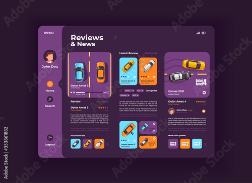 Car reviews and auto news tablet interface vector template. Mobile app page night mode design layout. Driver account, user profile screen. Flat UI for application. Ratings on portable device display