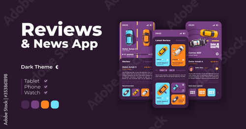 Automobile reviews cartoon smartphone interface vector templates set. Mobile app screen page night mode design. Transport news and car previews UI for application. Phone display with flat characters