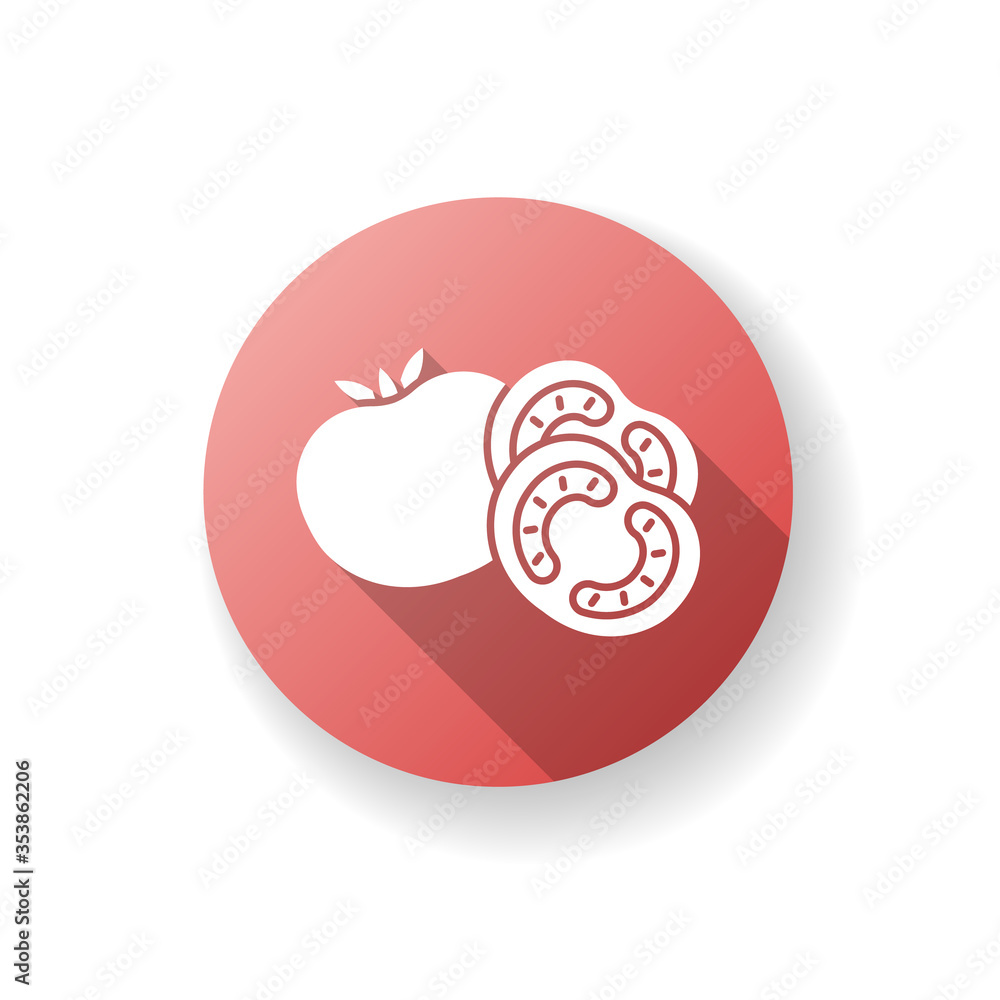 Tomato red flat design long shadow glyph icon. Ketchup sauce recipe. Healthy eating, nutrient food with vitamin. Whole ripe veggie. Vegan salad ingredient. Silhouette RGB color illustration Tomato red flat design long shadow glyph icon. Ketchup sauce recipe. Healthy eating, nutrient food with vitamin. Whole ripe veggie. Vegan salad ingredient. Silhouette RGB color illustration