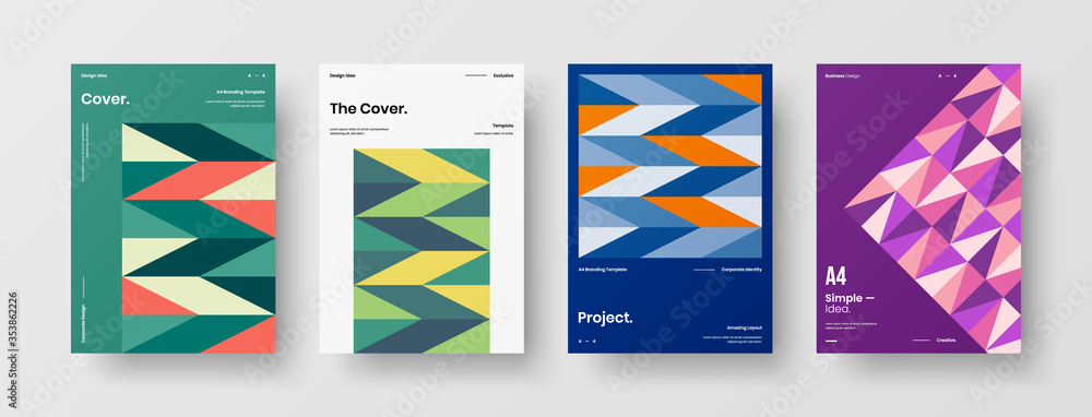 Company identity brochure template collection. Business presentation vector A4 vertical orientation front page mock up set. Corporate report cover abstract geometric illustration design layout bundle.