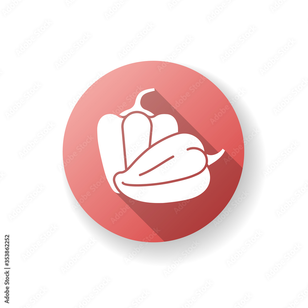 Capsicums red flat design long shadow glyph icon. Bulgarian pepper to cook healthy food. Raw fresh vegetable to prepare recipe. Whole veggie. Vegan salad ingredient. Silhouette RGB color illustration Capsicums red flat design long shadow glyph icon. Bulgarian pepper to cook healthy food. Raw fresh vegetable to prepare recipe. Whole veggie. Vegan salad ingredient. Silhouette RGB color illustration