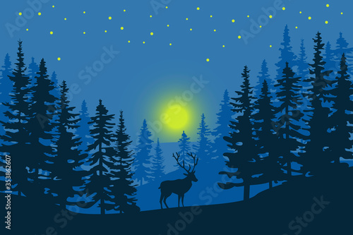 eer in the night forest. Nature silhouette illustration. Night background.