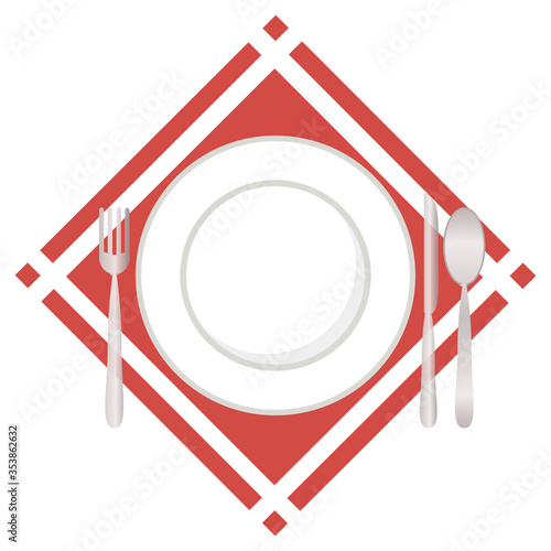 Flat vector image of a plate, fork, spoon and knife. Cutlery for dinner.