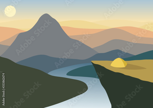 Vector of a tent camping on a cliff with endless mountain views in the twilight background.