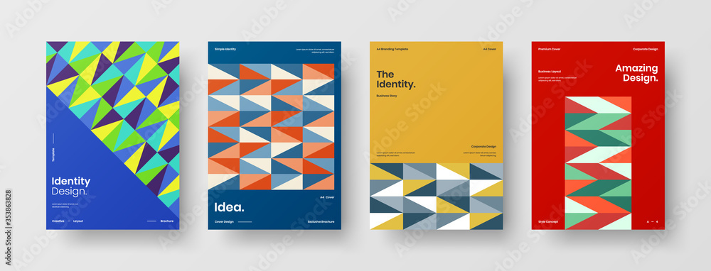 Company identity brochure template collection. Business presentation vector A4 vertical orientation front page mock up set. Corporate report cover abstract geometric illustration design layout bundle.