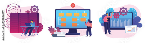 Server maintenance, web design development, business organization icons set. System administration, sitemap creation, enterprise it management metaphors. Vector isolated concept metaphor illustrations