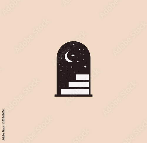 Mystic doorway logo design template concept with doorway silhouette with stairways and dark starry background with the moon. Vector illustration