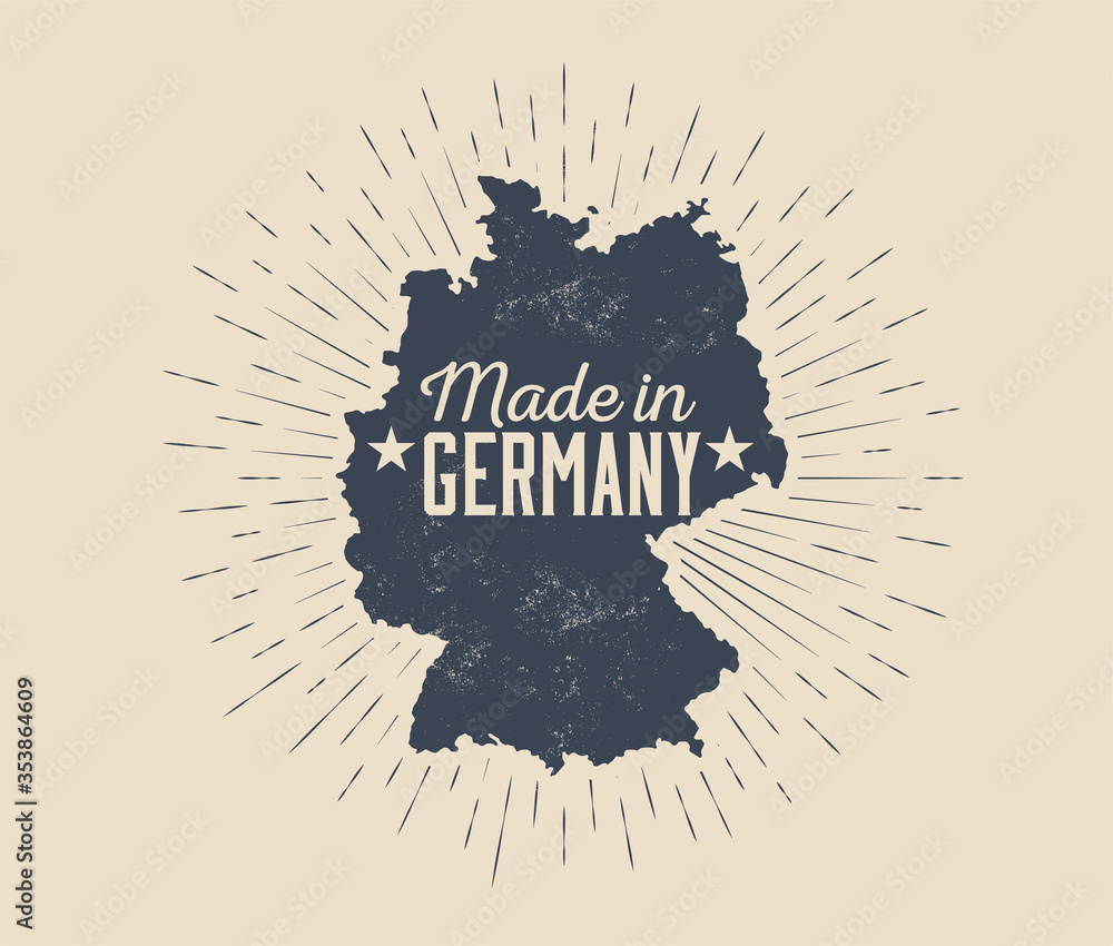 Made in Germany badge or label or tag design template with black silhouette of Germany map with sunburst isolated on light background. Vintage styled vector illustration