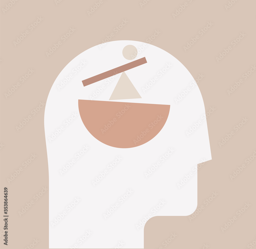 Mental disorder or mental balance training concept with human head silhouette with unbalanced abstract geometric shapes inside in trendy pastel colors. Psychology concept. Vector illustration