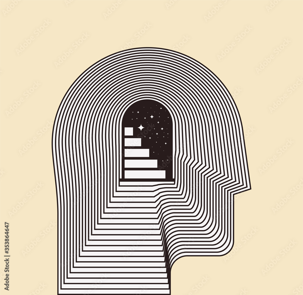 Mental health psychotherapy or inner world or meditation concept with side view human head silhouette with door and stairways inside. Conceptual vector illustration - obrazy, fototapety, plakaty 