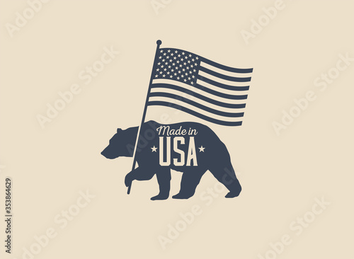 Made in USA label badge or logo design with bear holding american flag silhouette isolated on light  background. Vintage styled vector illustration.