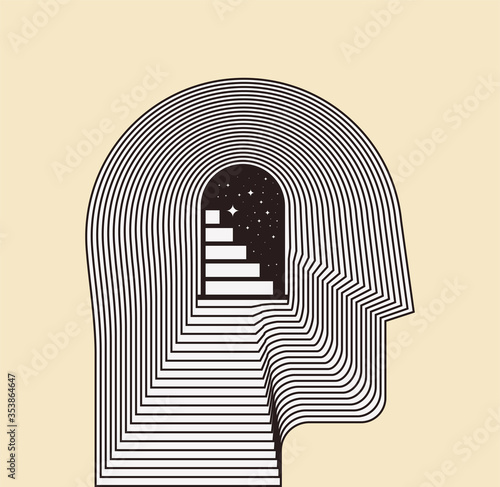 Mental health psychotherapy or inner world or meditation concept with side view human head silhouette with door and stairways inside. Conceptual vector illustration
