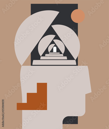 Mental health or psychology concept with abstract human head silhouette with stairways and doorway. Can be used for psychologic blog article image or social network post or wall art print. Vector