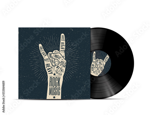 Rock Music Vinyl Disc Cover Mockup. Cover for your music playlist. Isolated on white background. Realistic vector illustration.