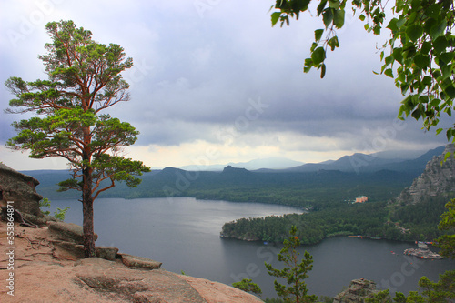 Lake among mountains on an overcast day 