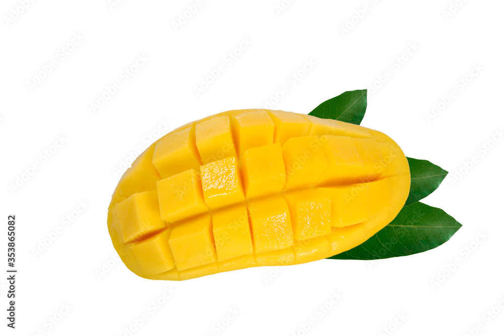 Yellow ripe mango and leaf on white background, Mango slice cut to cubes, Mango is a tropical fruit, Sweet taste, Fresh yellow ripe mangoes