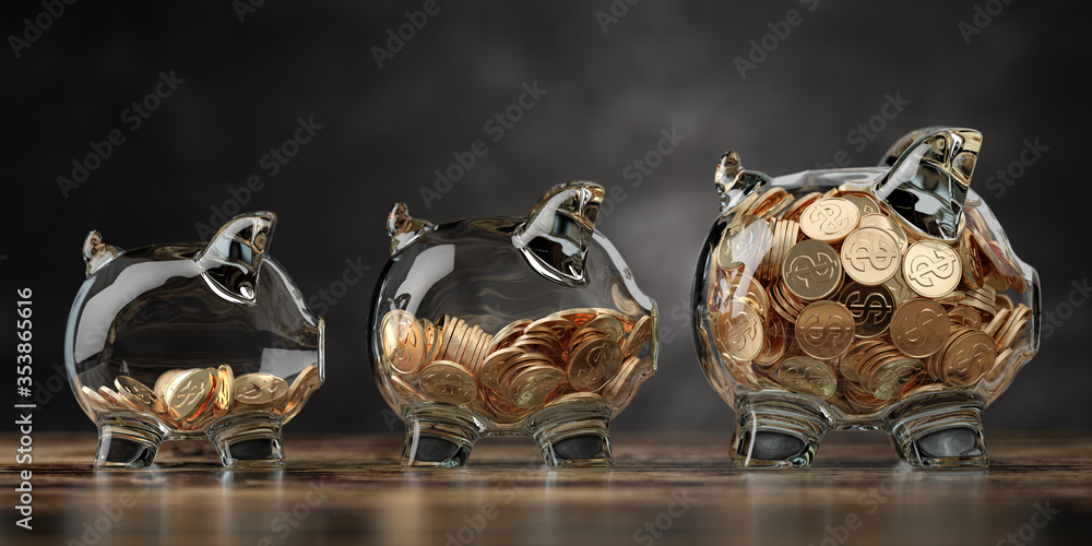 Glass piggy bank of different size with golden coins. Fiinancial growth, deposit, investment and savings concept background. - obrazy, fototapety, plakaty 