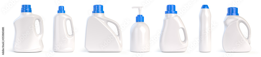 Set of detergent plastic bottles with chemical cleaning product isolated on white background. Set of detergent plastic bottles with chemical cleaning product isolated on white background.