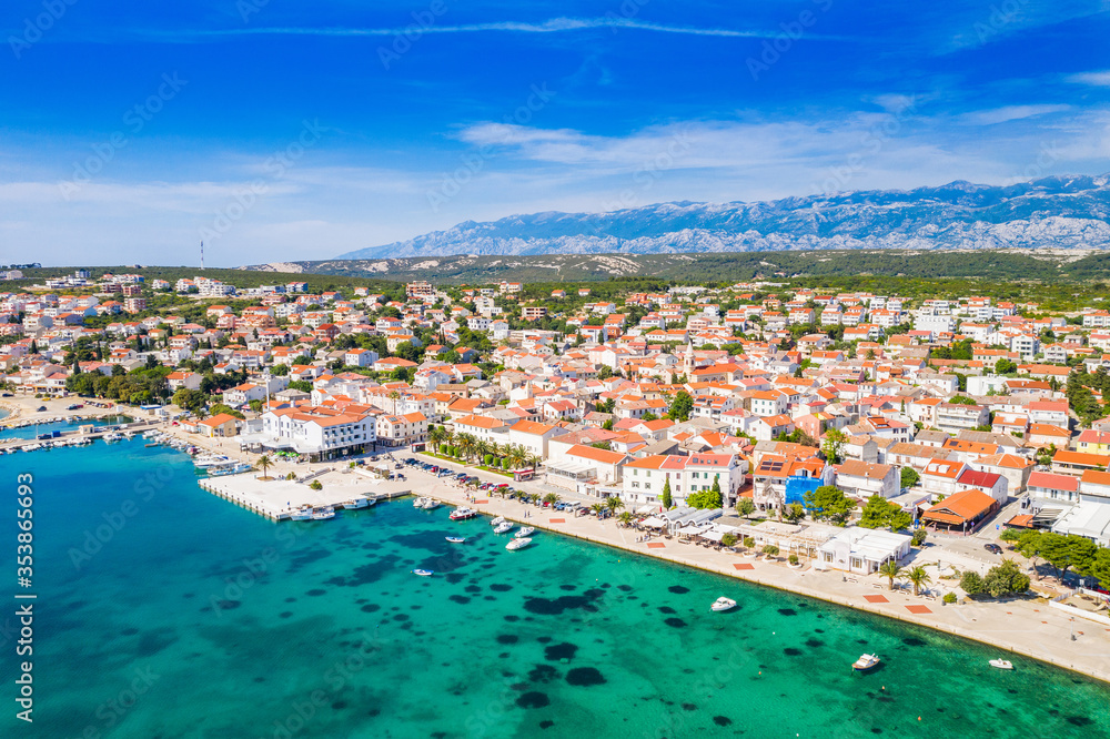 Croatia, beautiful Adriatic town of Novalja on the island of Pag, aerial view from drone
