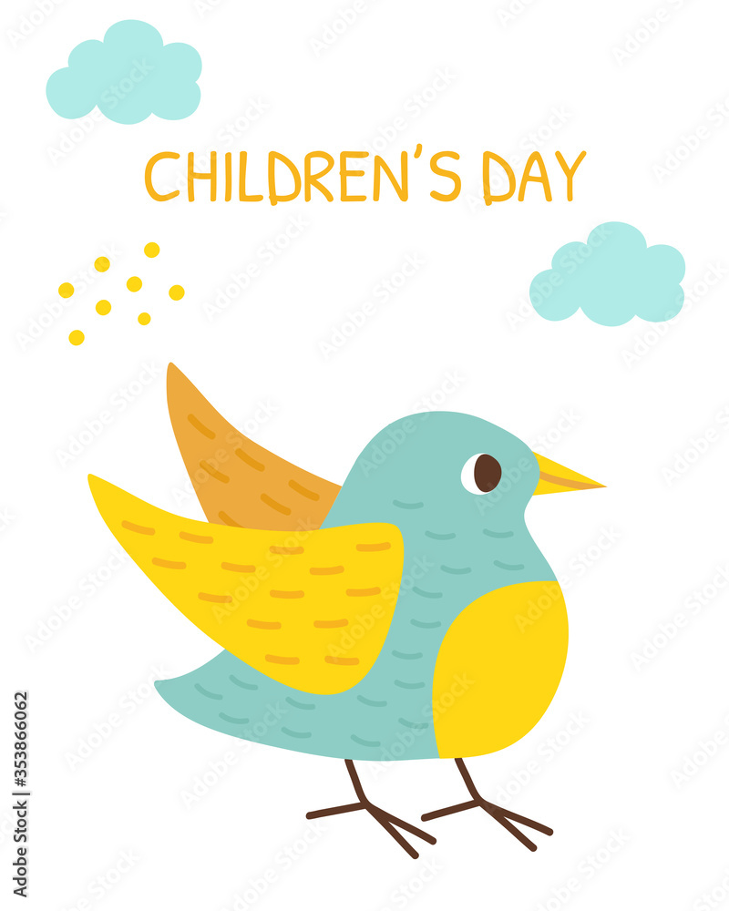 Greeting card with a cute bird for Children's Day.Bird and cloud Greeting card with a cute bird for Children's Day.Bird and cloud