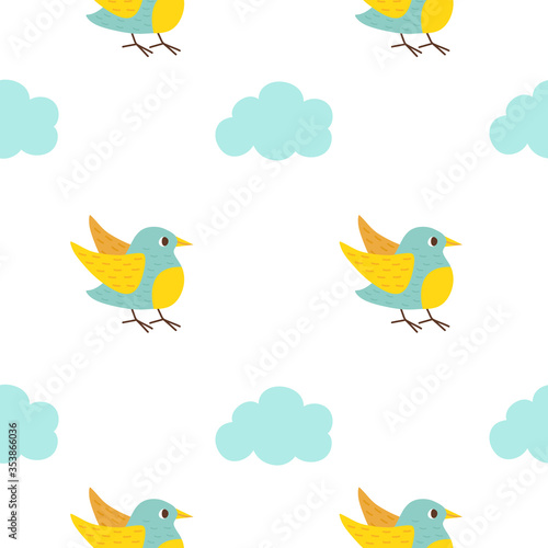 Seamless pattern with cute birds. Funny characters. Suitable for baby textiles. © Viktoriia Kostrubei