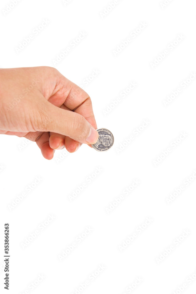 Coin in hand, Coins (one baht) of Thailand in hand On a white background, this is coin a currency unit of the Thai, Money saving concept Coin in hand, Coins (one baht) of Thailand in hand On a white background, this is coin a currency unit of the Thai, Money saving concept