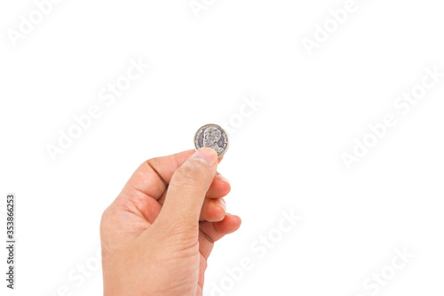 Coin in hand, Coins (one baht) of Thailand in hand On a white background, this is coin a currency unit of the Thai, Money saving concept